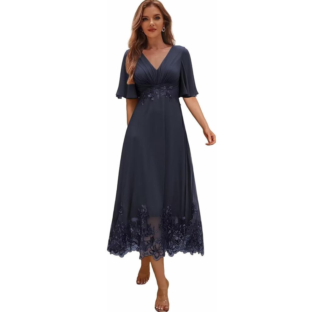 Formal Chiffon Dress Tea Length Sequin/Embroidered trim Blue Size 16 Wedding
